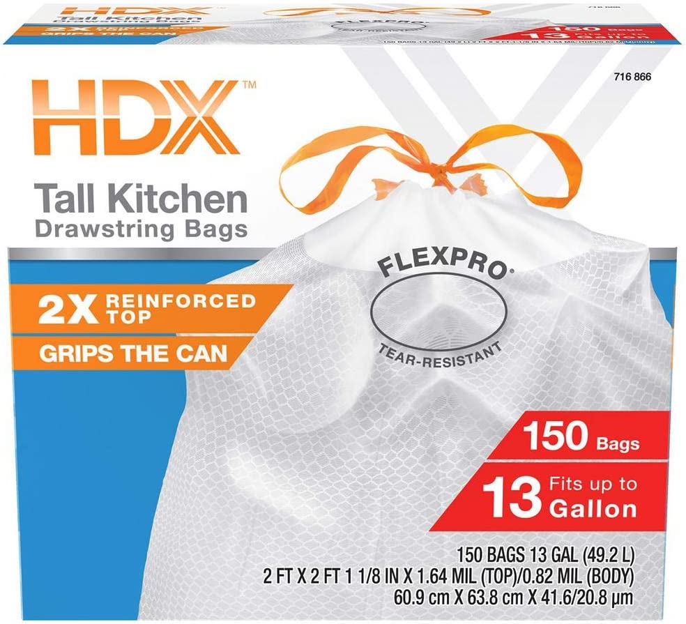 HDX 13 Gal. FLEX White Drawstring Kitchen Trash Bags (150 Count)