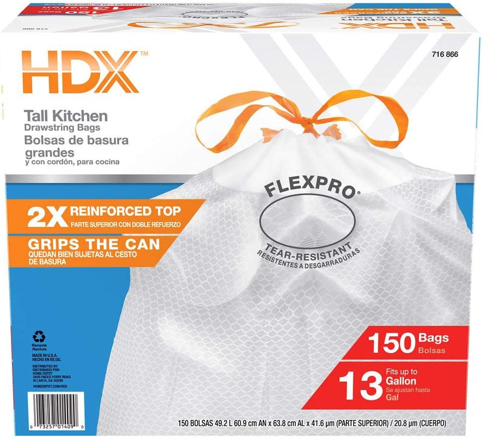 HDX 13 Gal. FLEX White Drawstring Kitchen Trash Bags (150 Count)