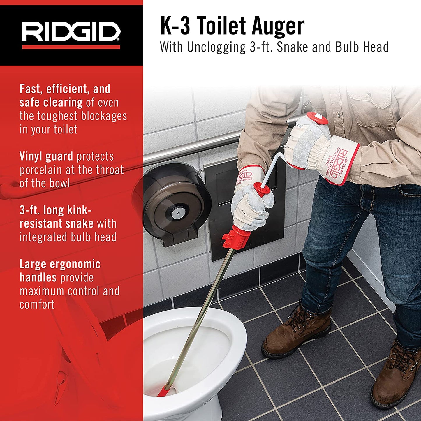 RIDGID  K-3 Ultra Flexible Toilet Auger with Unclogging 3 ft. Snake and Integrated Bulb Head, Plumbing Toilet Snake for Drain