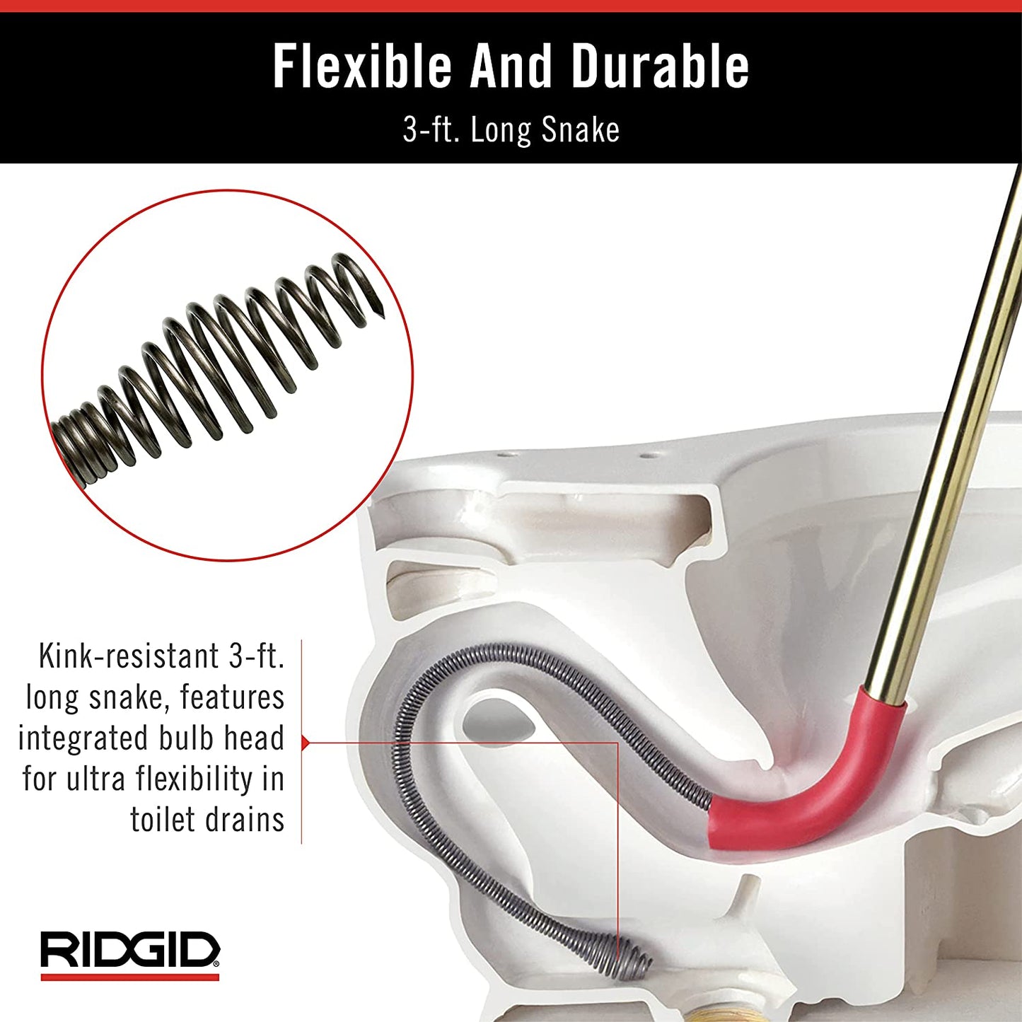 RIDGID  K-3 Ultra Flexible Toilet Auger with Unclogging 3 ft. Snake and Integrated Bulb Head, Plumbing Toilet Snake for Drain