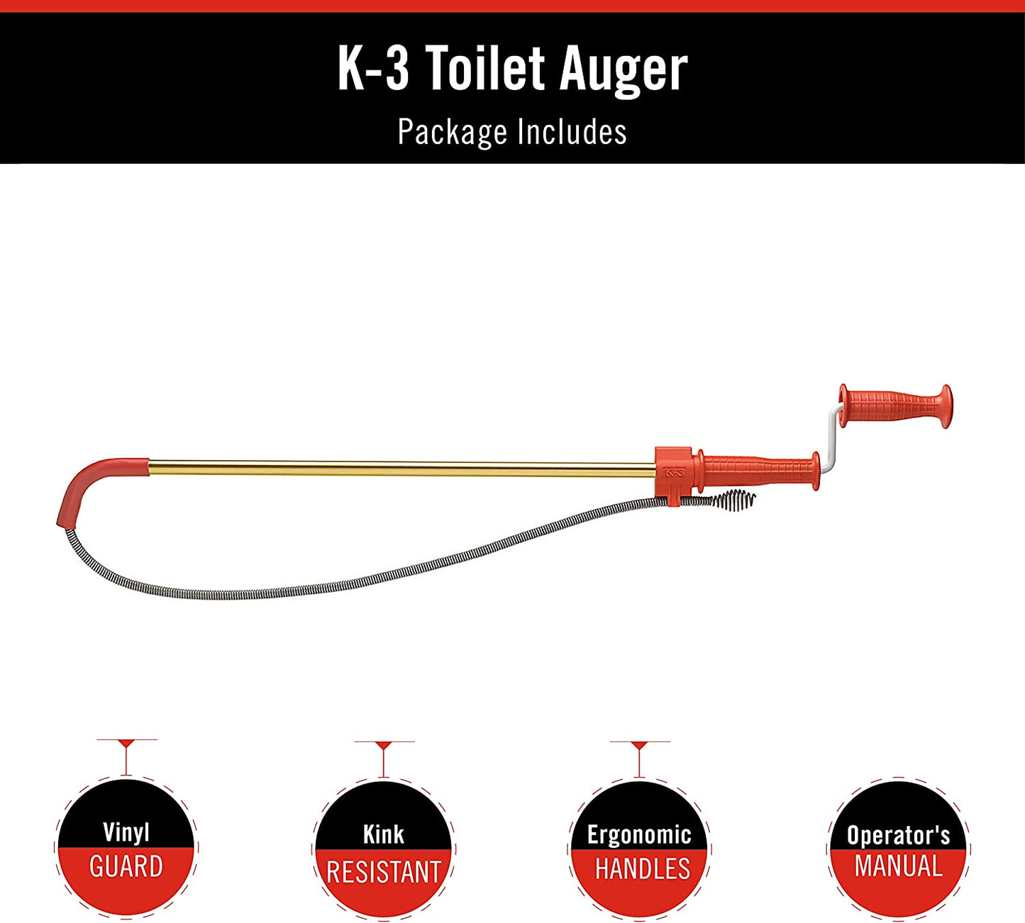 RIDGID  K-3 Ultra Flexible Toilet Auger with Unclogging 3 ft. Snake and Integrated Bulb Head, Plumbing Toilet Snake for Drain