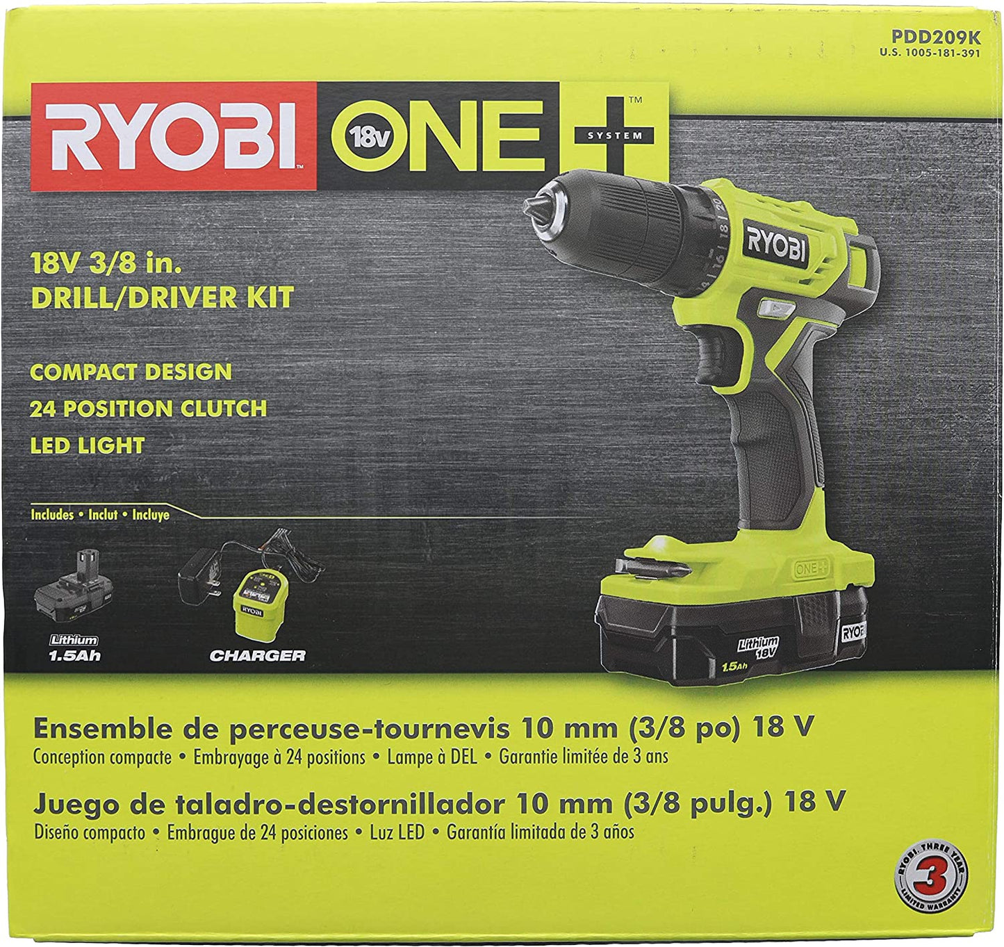 RYOBI ONE+ 18V Cordless 3/8 in. Drill/Driver Kit with 1.5 Ah Battery and Charger