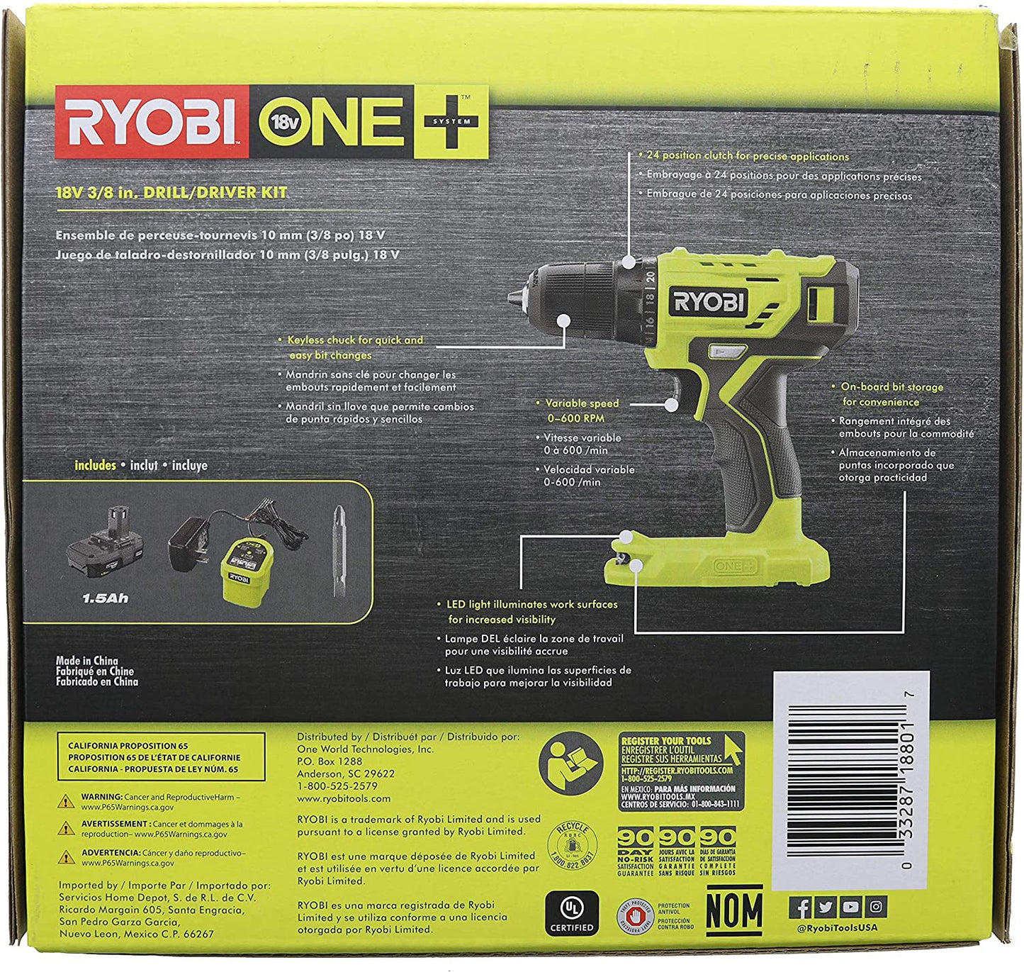 RYOBI ONE+ 18V Cordless 3/8 in. Drill/Driver Kit with 1.5 Ah Battery and Charger