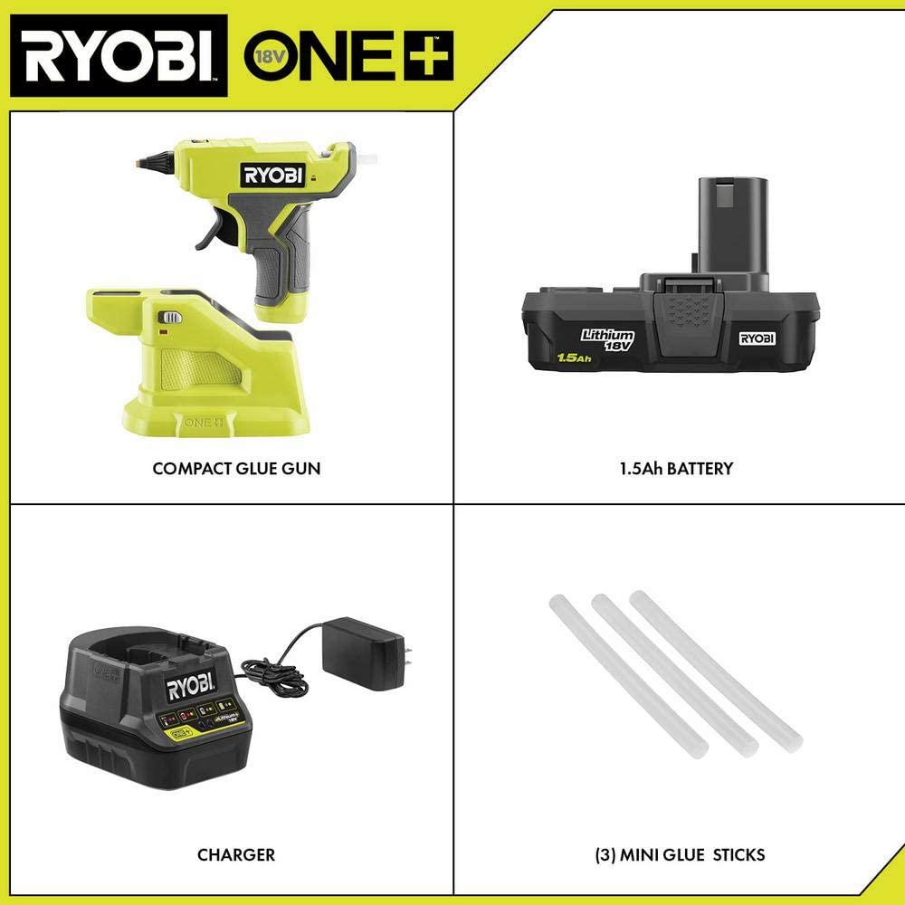 RYOBI ONE+ 18V Cordless Compact Glue Gun Kit with 1.5 Ah Battery and 18V Charger