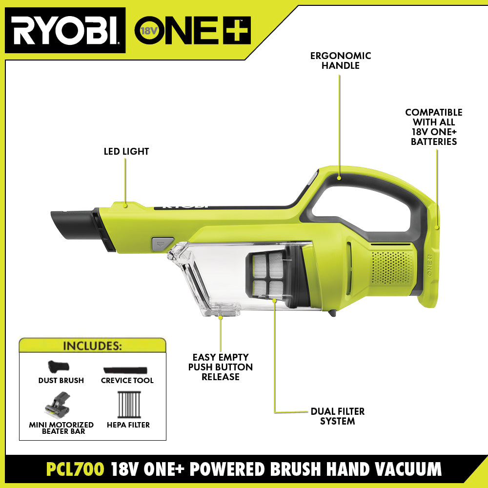 RYOBI ONE+ 18V Cordless Hand Vacuum with Powered Brush Kit with 2.0 Ah Battery and Charger