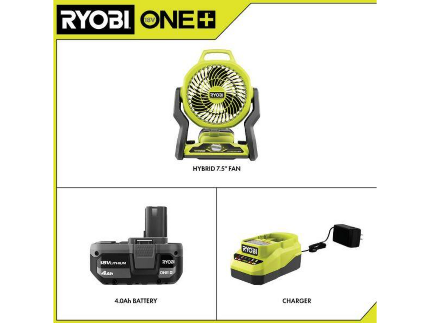 RYOBI ONE+ 18V Cordless Hybrid WHISPER SERIES 7-1/2 in. Fan Kit with 4.0 Ah Battery and Charger