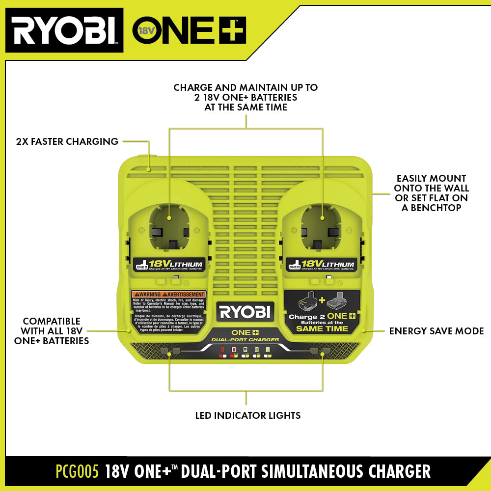 RYOBI ONE+ 18V Dual-Port Simultaneous Charger