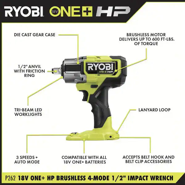 RYOBI  ONE+ HP 18V Brushless Cordless 4-Mode 1/2 in. Impact Wrench (Tool Only)