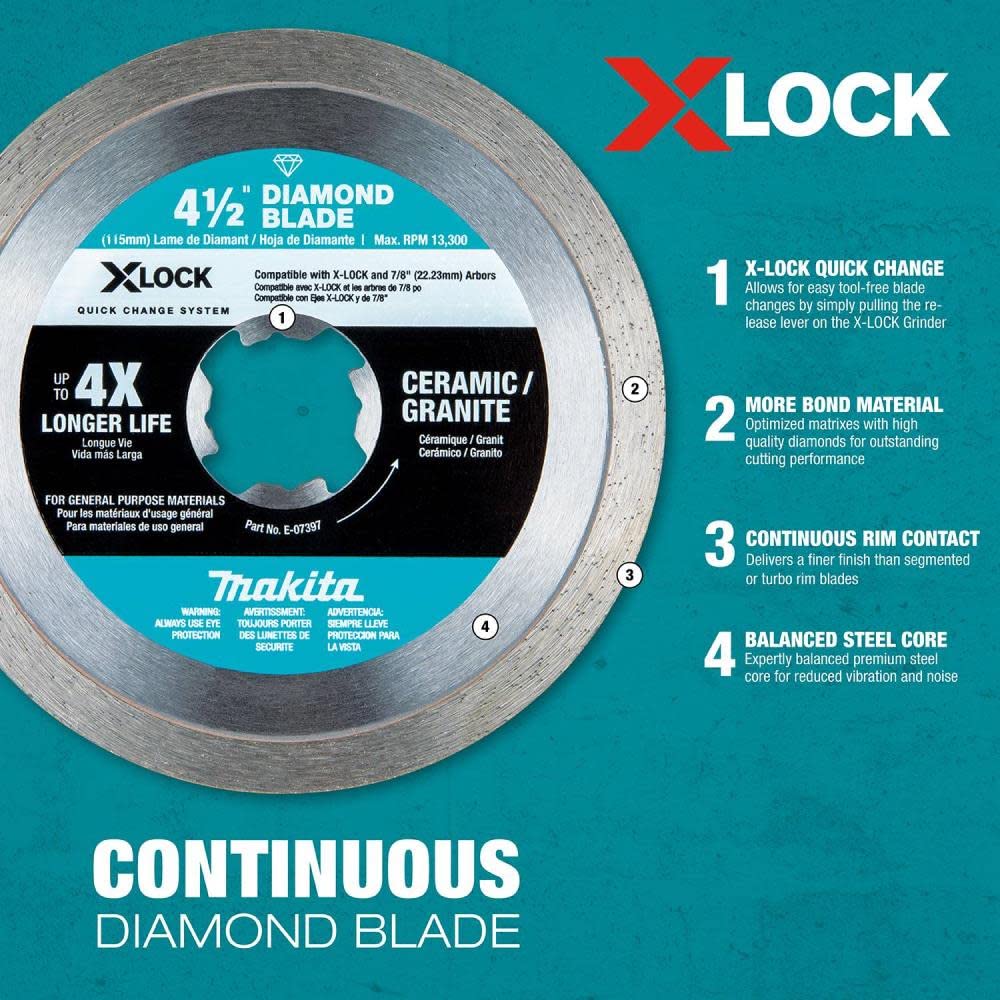 Makita  X-LOCK 4-1/2 in. Continuous Rim Diamond Blade for Ceramic and Granite Cutting