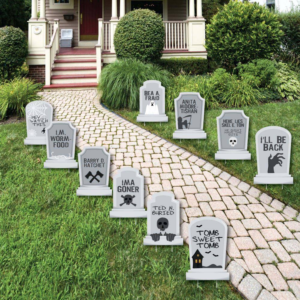 Big Dot of Happiness 10.25 in. H Funny Tombstones - Graveyard Halloween Lawn Decorations - Yard Stakes (10-Piece)