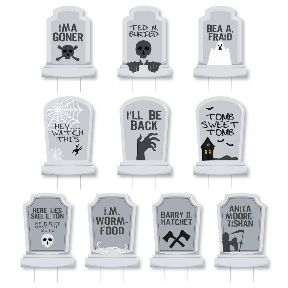 Big Dot of Happiness 10.25 in. H Funny Tombstones - Graveyard Halloween Lawn Decorations - Yard Stakes (10-Piece)