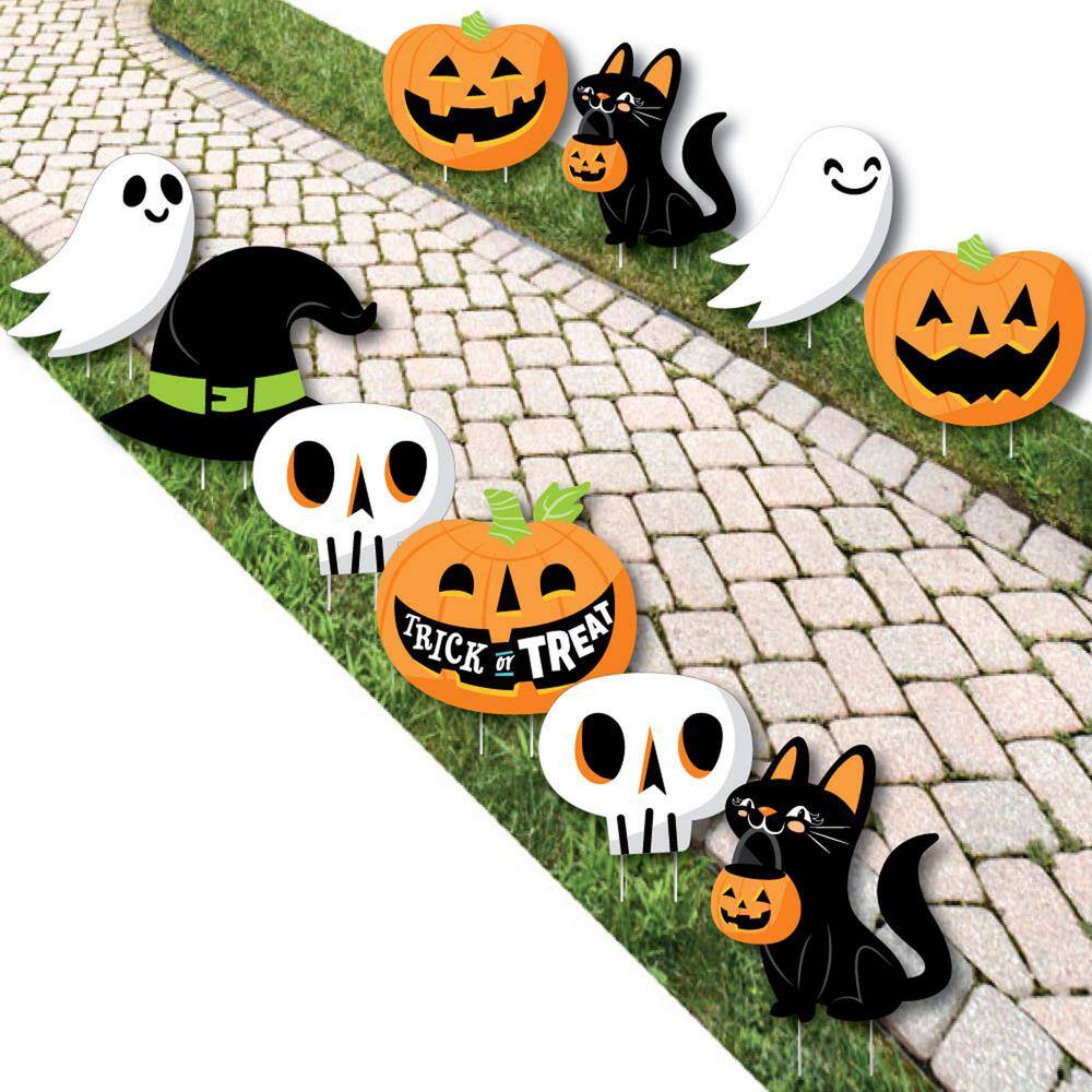 Big Dot of Happiness 7.75 in. H Jack-O'-Lantern Halloween - Black Cat Ghost Skull & Witch Hat Lawn Decor Outdoor Halloween Yard Stakes 10 Pc