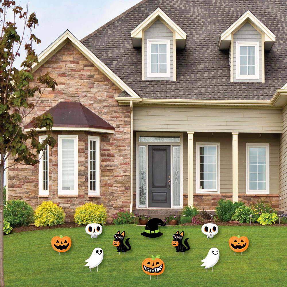 Big Dot of Happiness 7.75 in. H Jack-O'-Lantern Halloween - Black Cat Ghost Skull & Witch Hat Lawn Decor Outdoor Halloween Yard Stakes 10 Pc