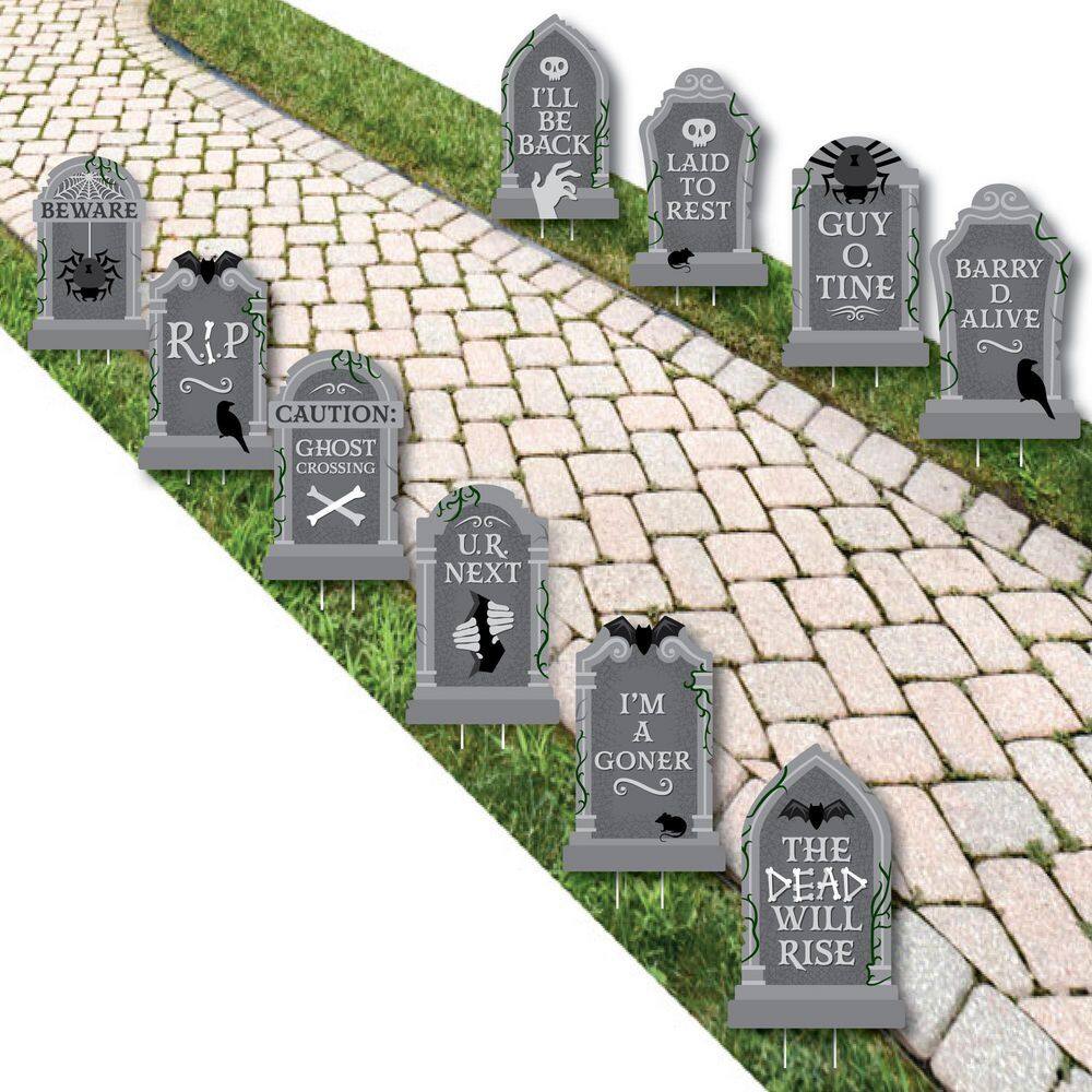 Big Dot of Happiness 11.75 in. H Creepy Cemetery - Lawn Decorations - Outdoor Spooky Halloween Tombstone Party Yard Stakes (10-Piece)