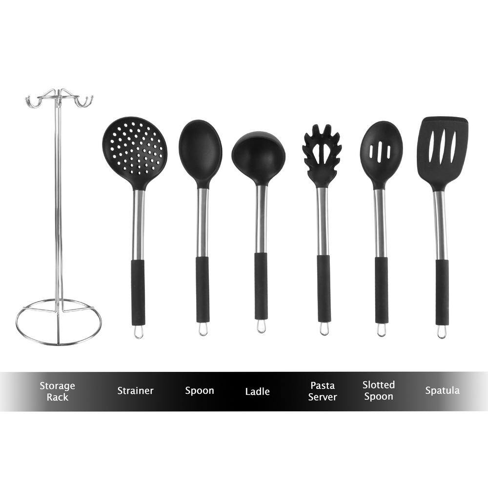 7-Piece Kitchen Utensil Set Stainless-Steel and Silicone Cooking Tools with Organizing Stand Nonstick and Heat Resistant