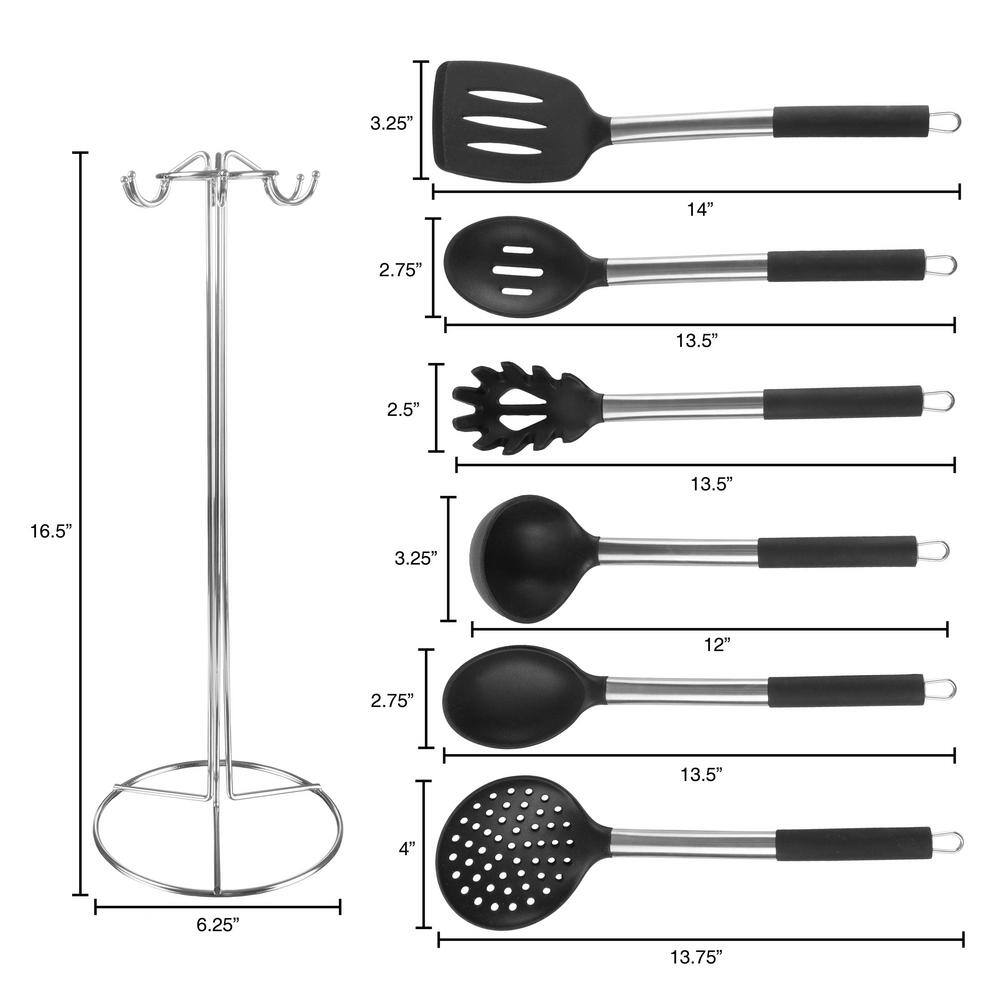 7-Piece Kitchen Utensil Set Stainless-Steel and Silicone Cooking Tools with Organizing Stand Nonstick and Heat Resistant