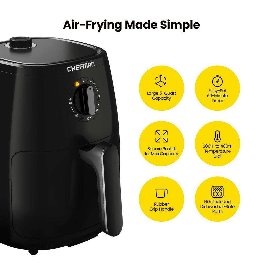 Chefman TurboFry 5 Qt. Air Fryer, Integrated 60-Min Timer for Healthy Cooking, Cook with 80% Less Oil, Adjustable Temperature