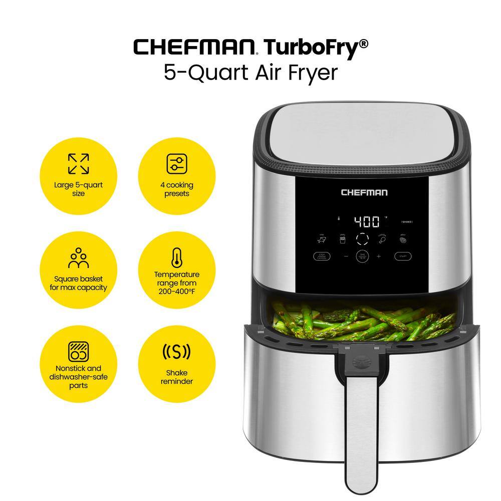 Chefman TurboTouch 5 Qt. Air Fryer, Stainless Steel Compact and Healthy Way To Cook Oil-Free, One-Touch Digital Controls