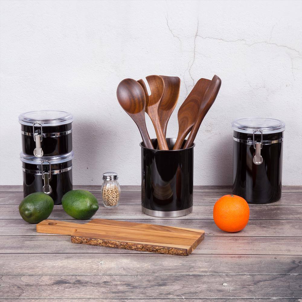 Creative Home Heavy Gauge Black 5 in. Dia. x 6-1/4 in. H Small Stainless Steel Tool Crock Utensil Flatware Holder