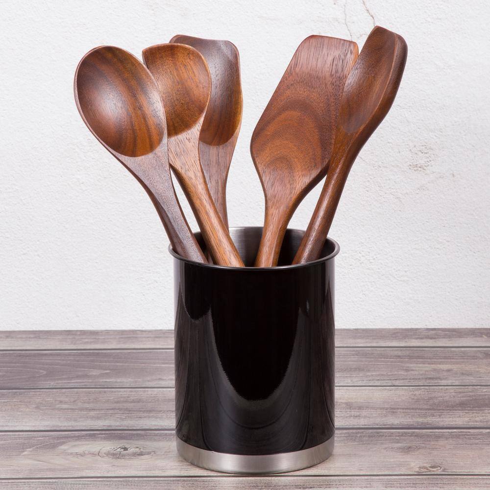 Creative Home Heavy Gauge Black 5 in. Dia. x 6-1/4 in. H Small Stainless Steel Tool Crock Utensil Flatware Holder