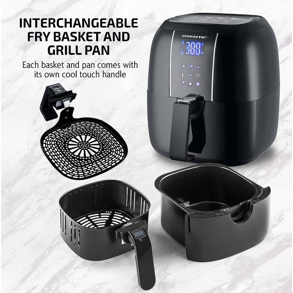 OVENTE 3.2 Qt. Black Air Fryer Grill Pan and Non-Stick Frying Basket Auto Shut-Off 6 Cooking Presets Touch Sensor