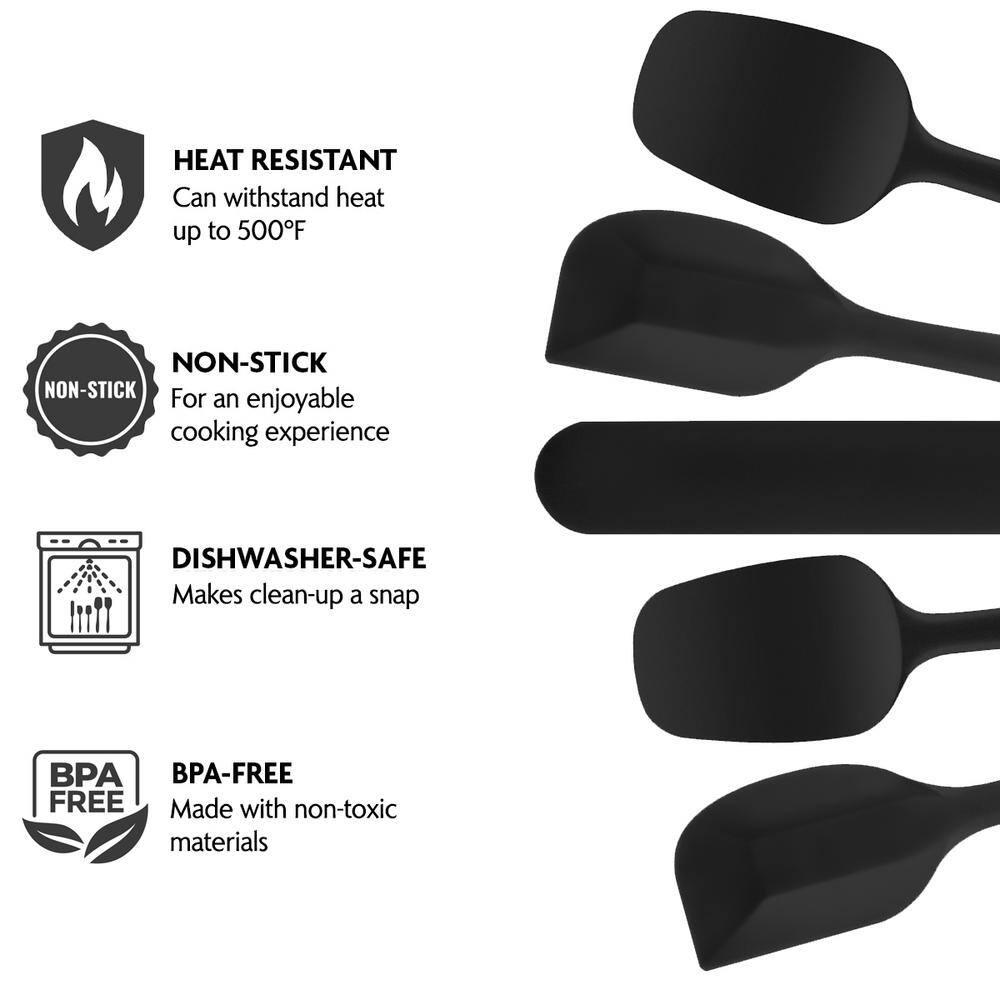 OVENTE  Black Non-Stick Silicone Spatula Set with Heat Resistant & Stainless Steel Core, Set of 5