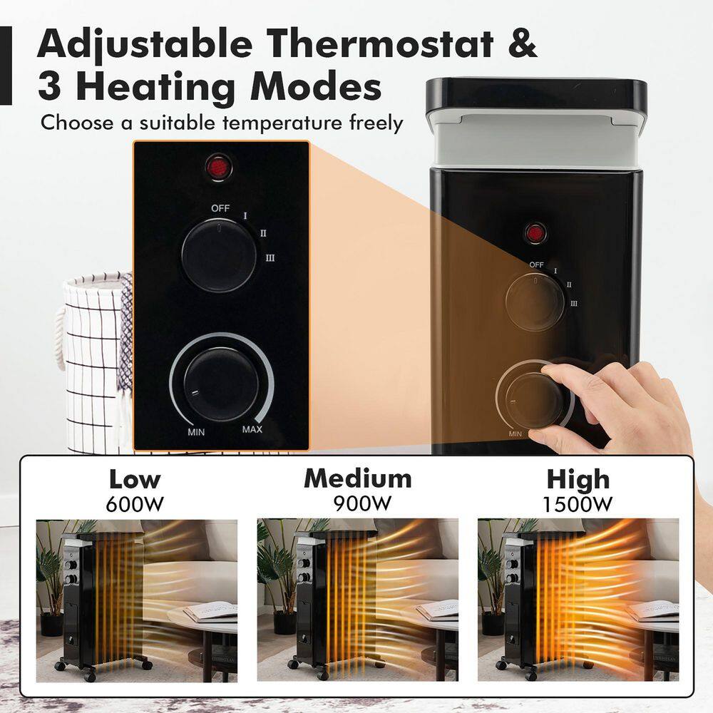 Costway 1500-Watt Black Electric Oil Filled Radiator Heater Space Heater with Heat Settings