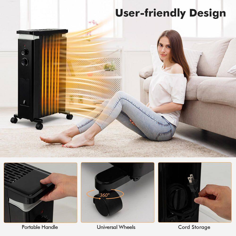 Costway 1500-Watt Black Electric Oil Filled Radiator Heater Space Heater with Heat Settings