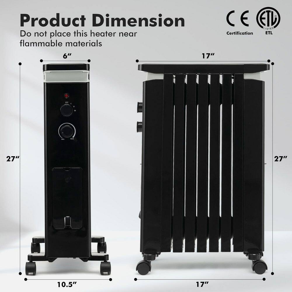 Costway 1500-Watt Black Electric Oil Filled Radiator Heater Space Heater with Heat Settings