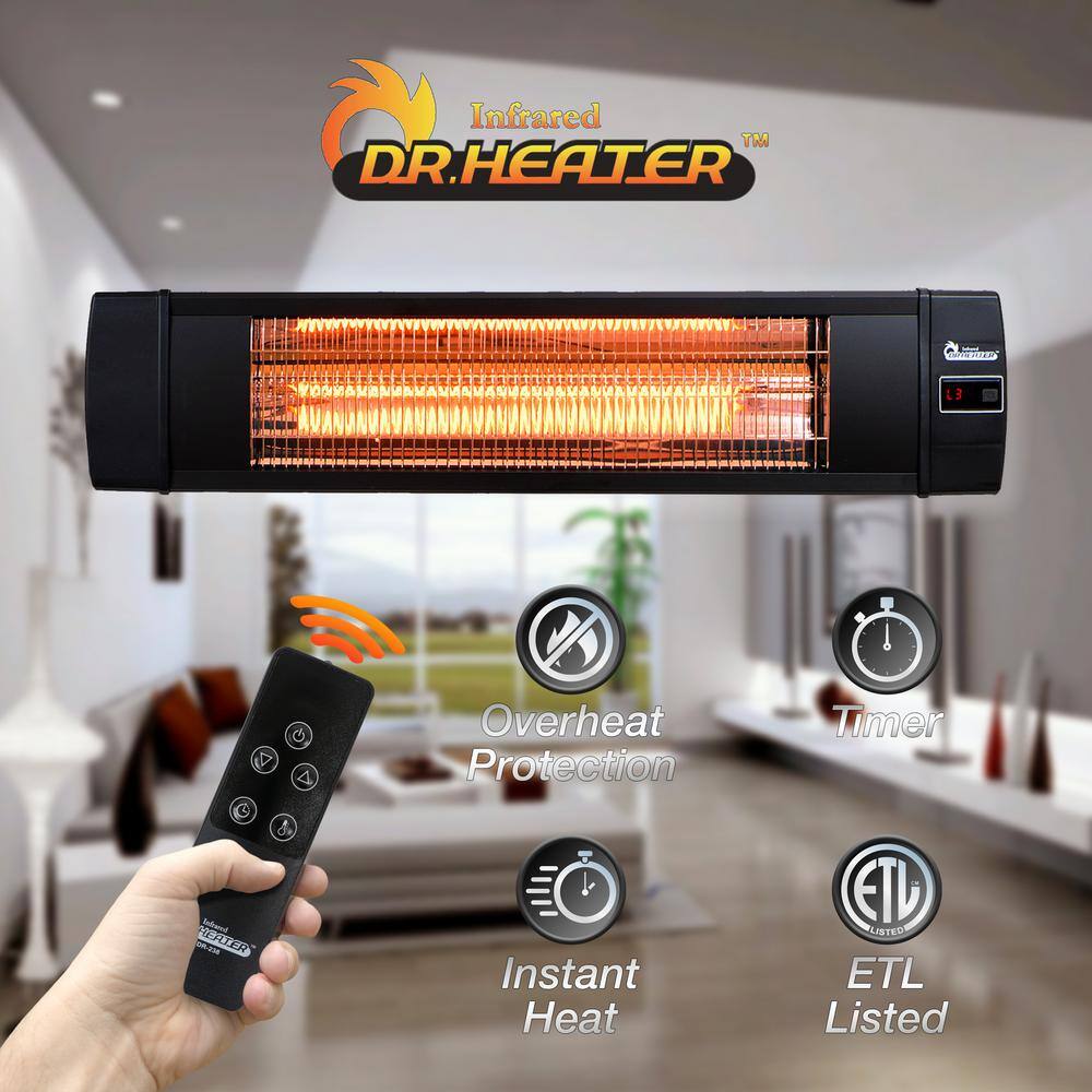 Dr Infrared Heater 1500-Watt Electric Carbon Infrared Space Heater Indoor Outdoor Patio Garage Wall or Ceiling Mount with Remote, Black