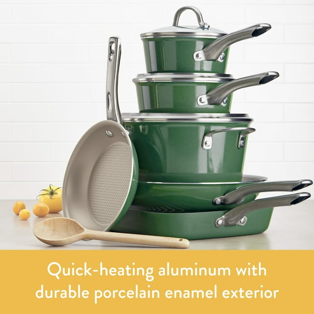 Ayesha Curry Ayesha Home Collection Porcelain Enamel Nonstick Cookware Set, 10-Piece, Basil Green