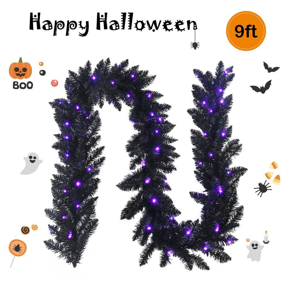 Costway  9 ft. Pre-Lit Christmas Halloween Wreath Garland Black with 50 Purple LED Lights