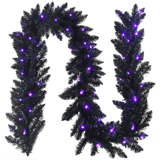 Costway  9 ft. Pre-Lit Christmas Halloween Wreath Garland Black with 50 Purple LED Lights