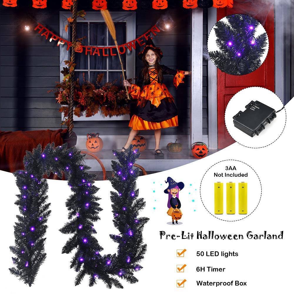 Costway  9 ft. Pre-Lit Christmas Halloween Wreath Garland Black with 50 Purple LED Lights