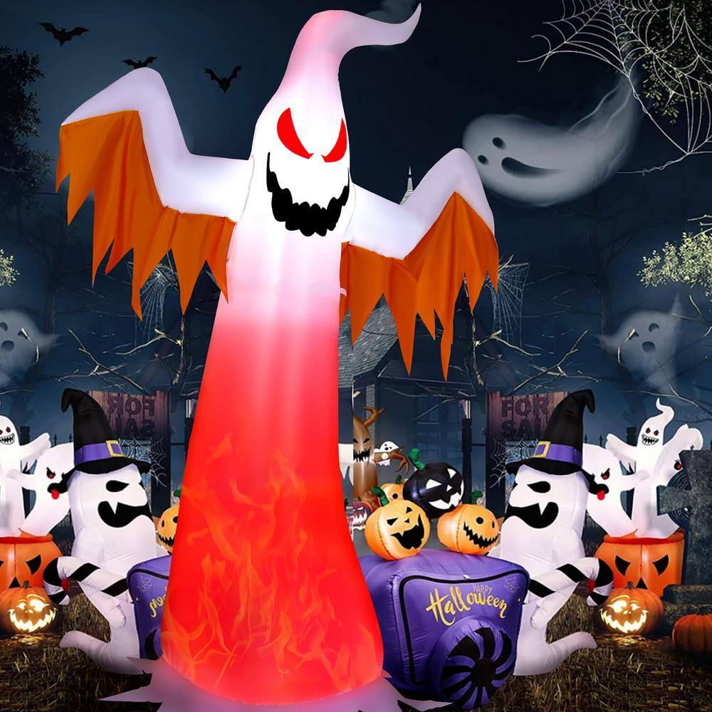 Costway  8 ft. Halloween Inflatable White Ghost with Rotatable Flame LED Lights