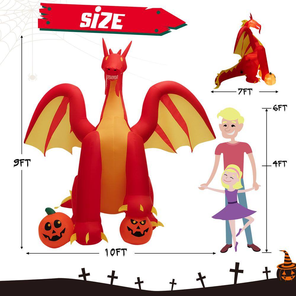 Costway 10 ft. Inflatable Giant Animated Fire Dragon Outdoor Halloween Decor with Lights