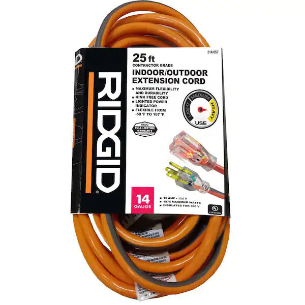 RIDGID  25 ft. 14/3 Heavy-Duty Contractor-Grade Indoor/Outdoor Extension Cord, Orange and Gray