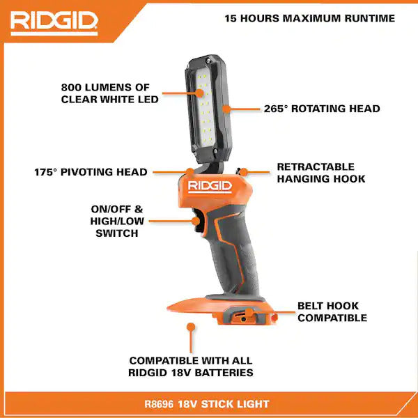 RIDGID 18V Cordless LED Stick Light (Tool Only)