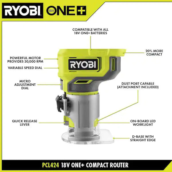 RYOBI ONE+ 18V Cordless Compact Fixed Base Router (Tool Only)