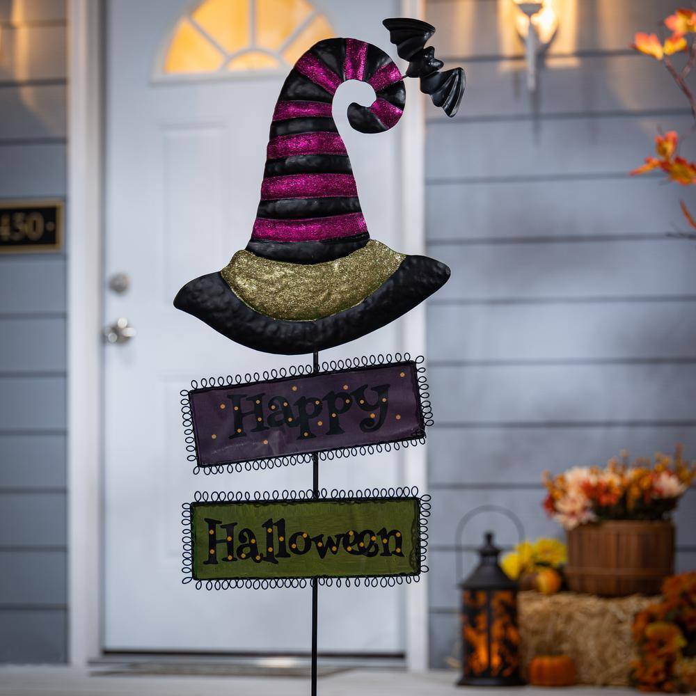 GERSON INTERNATIONAL  37 in. Metal Witch's Hats with Halloween Signs Yard Stake (Set of 2)