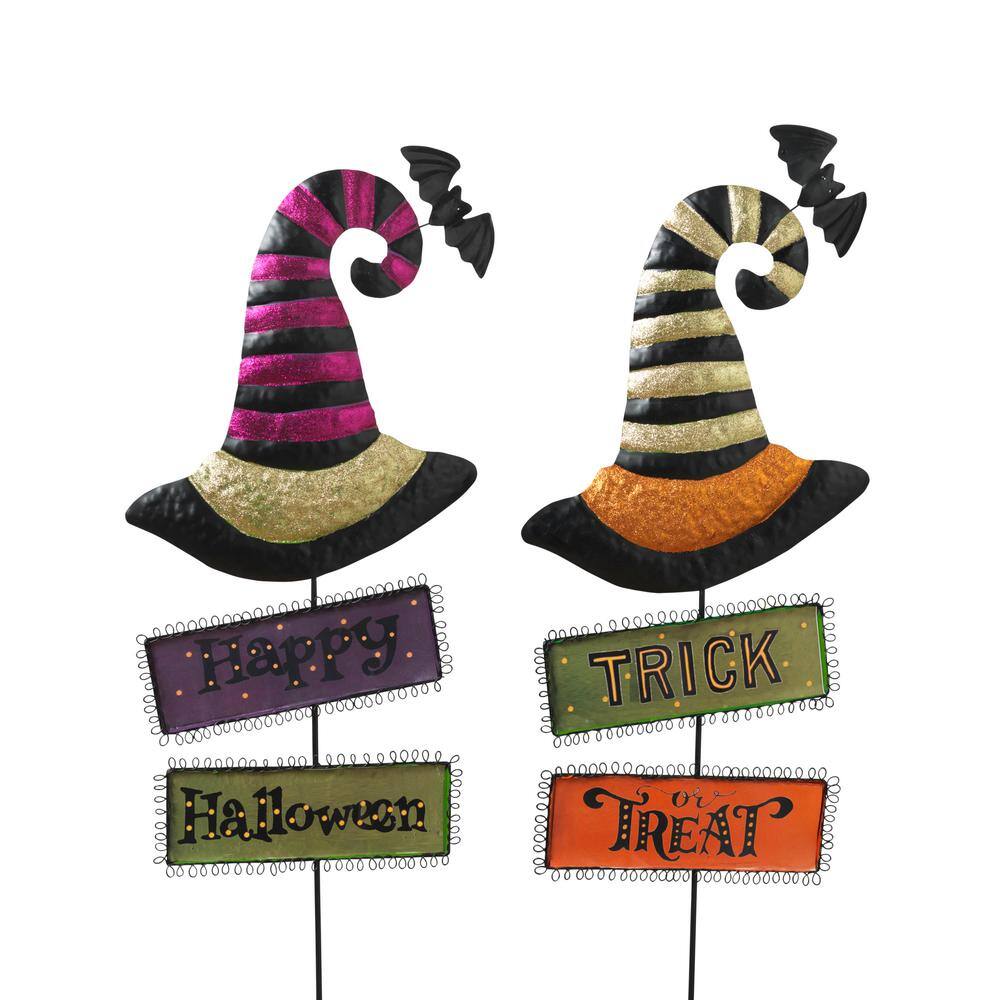 GERSON INTERNATIONAL  37 in. Metal Witch's Hats with Halloween Signs Yard Stake (Set of 2)