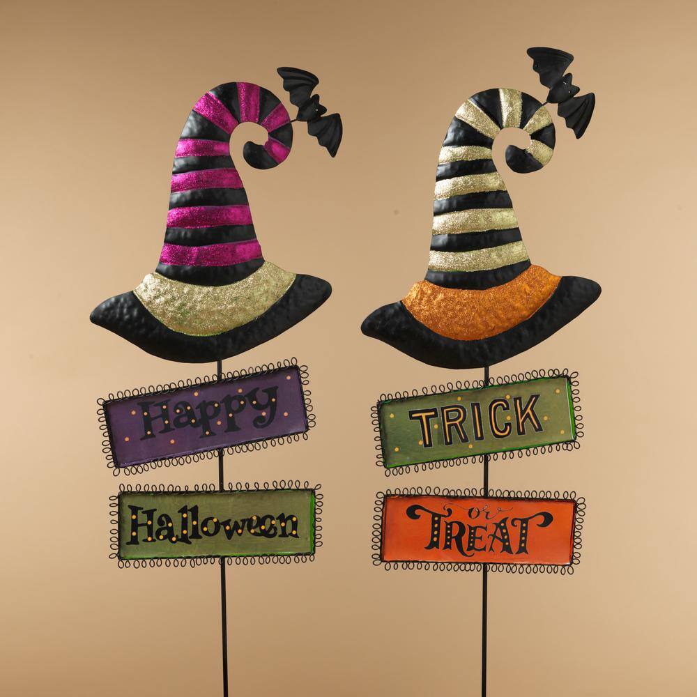 GERSON INTERNATIONAL  37 in. Metal Witch's Hats with Halloween Signs Yard Stake (Set of 2)