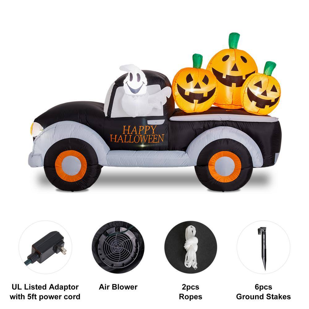 Glitzhome 8 ft. Lighted Halloween Inflatable Truck with Jack-O-Lantern Pumpkins Decor