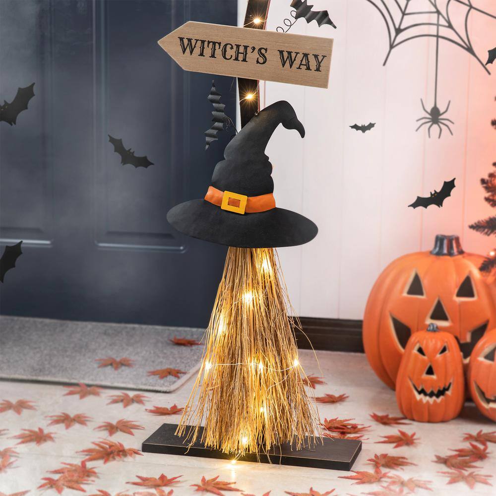 Glitzhome 42 in. H Lighted Wooden Witch's Broom Porch Decor