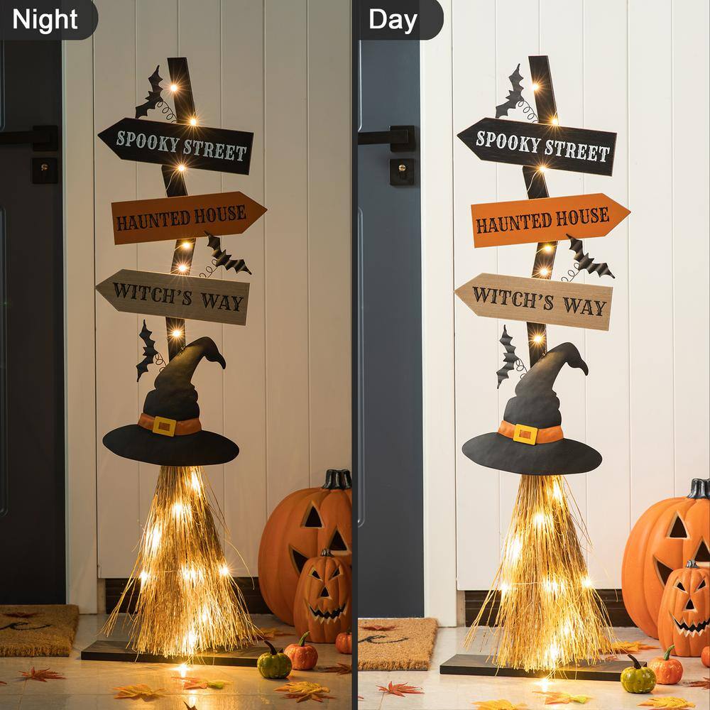 Glitzhome 42 in. H Lighted Wooden Witch's Broom Porch Decor