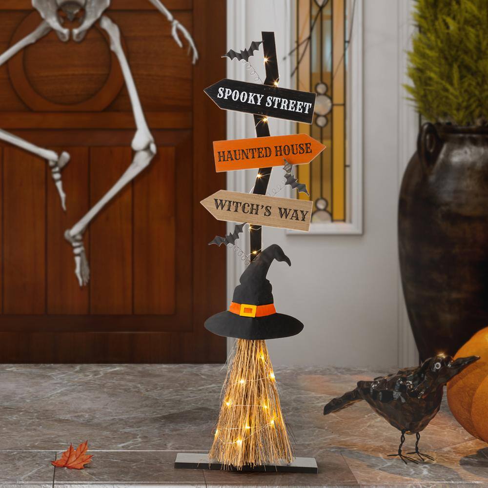 Glitzhome 42 in. H Lighted Wooden Witch's Broom Porch Decor