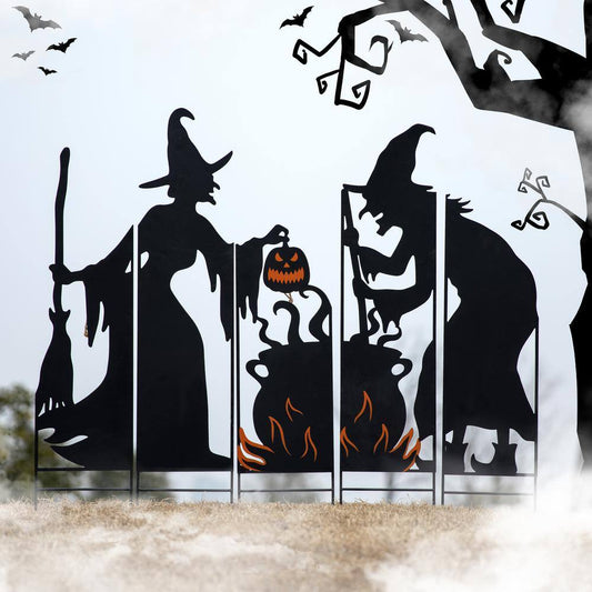 Glitzhome 34.5 in. H Set of 5 Halloween Metal Silhouette Witches with Cauldron Yard Stake or Wall Decor (2 Function)