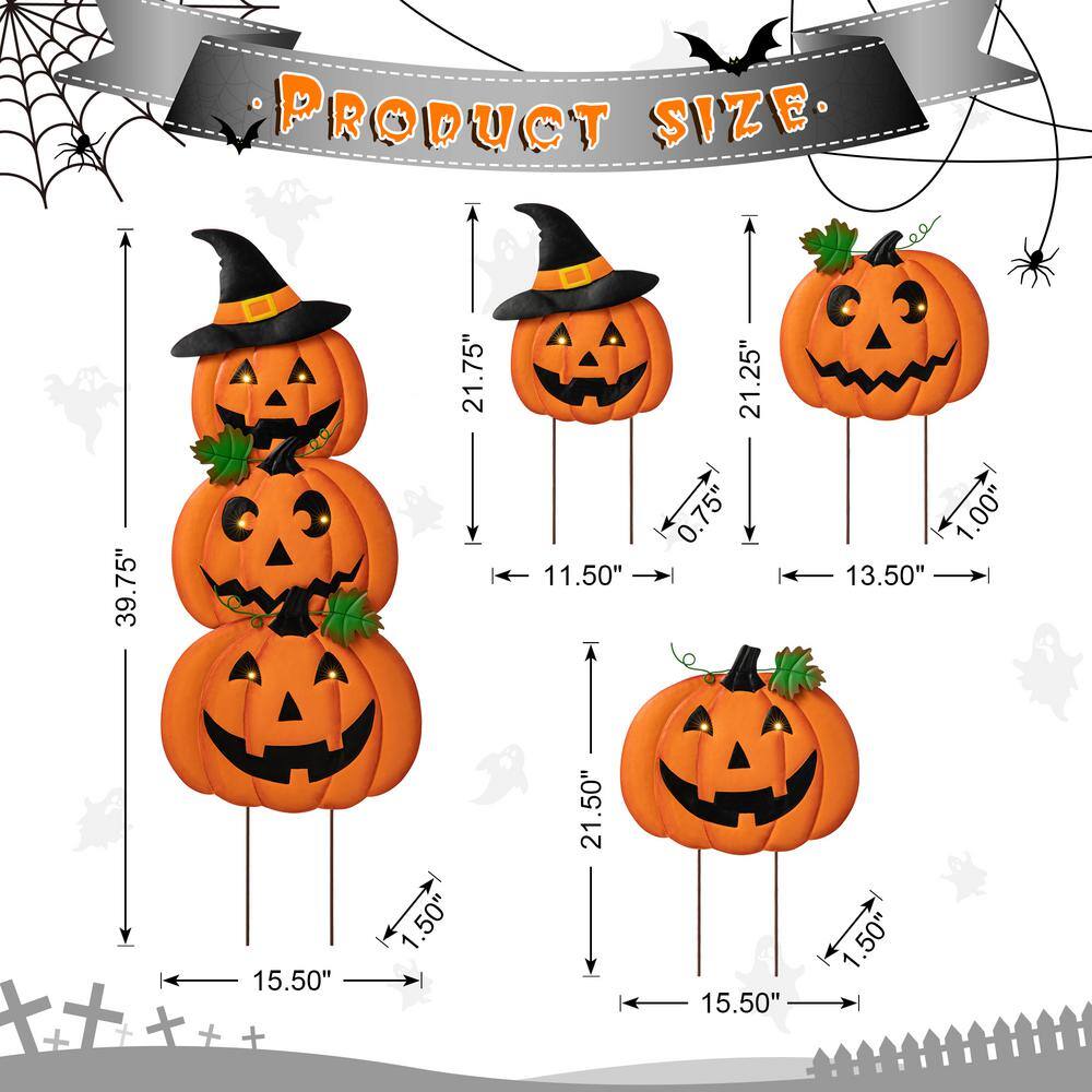 Glitzhome 39.75 in. H Halloween Lighted Metal Stacked Jack-O-Lantern Yard Stake or Hanging Decor (Set of 3)