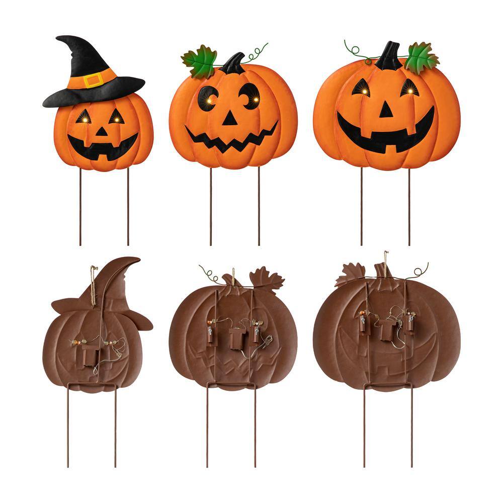 Glitzhome 39.75 in. H Halloween Lighted Metal Stacked Jack-O-Lantern Yard Stake or Hanging Decor (Set of 3)