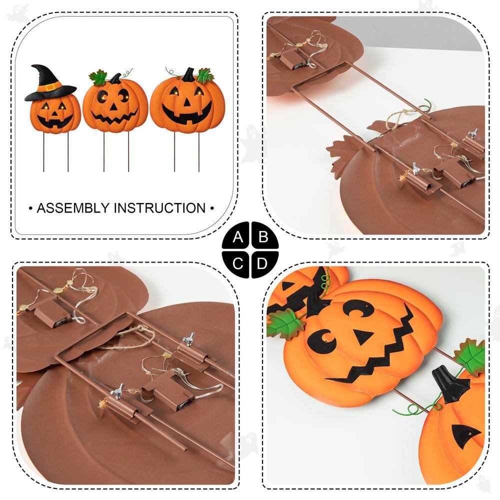 Glitzhome 39.75 in. H Halloween Lighted Metal Stacked Jack-O-Lantern Yard Stake or Hanging Decor (Set of 3)